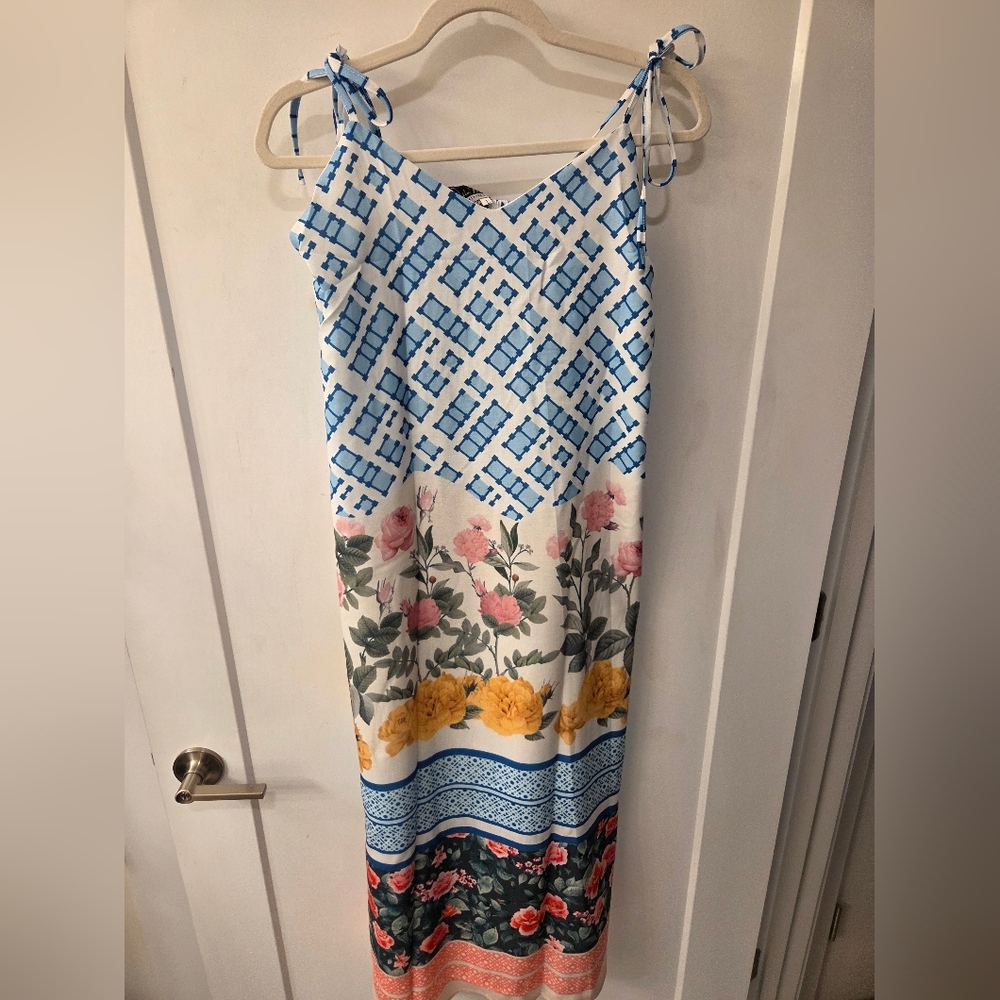 NWT - Dalia MacPhee Multi Floral Tie Shoulder Belted Waist Midi Dress - Size L - Picture 6 of 16